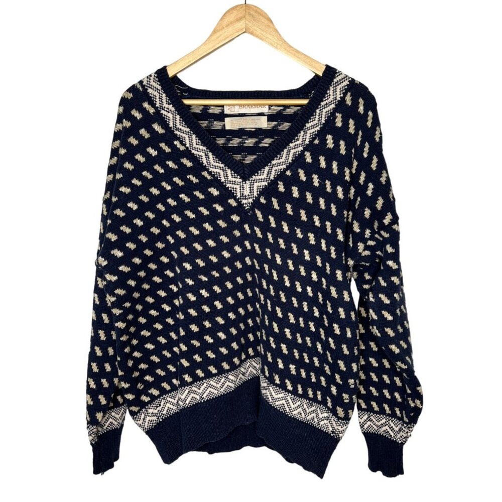 BRAEMAR Vintage 90s Mens XL 100% Cotton Sweater V Neck Diamond Pattern Navy Blue